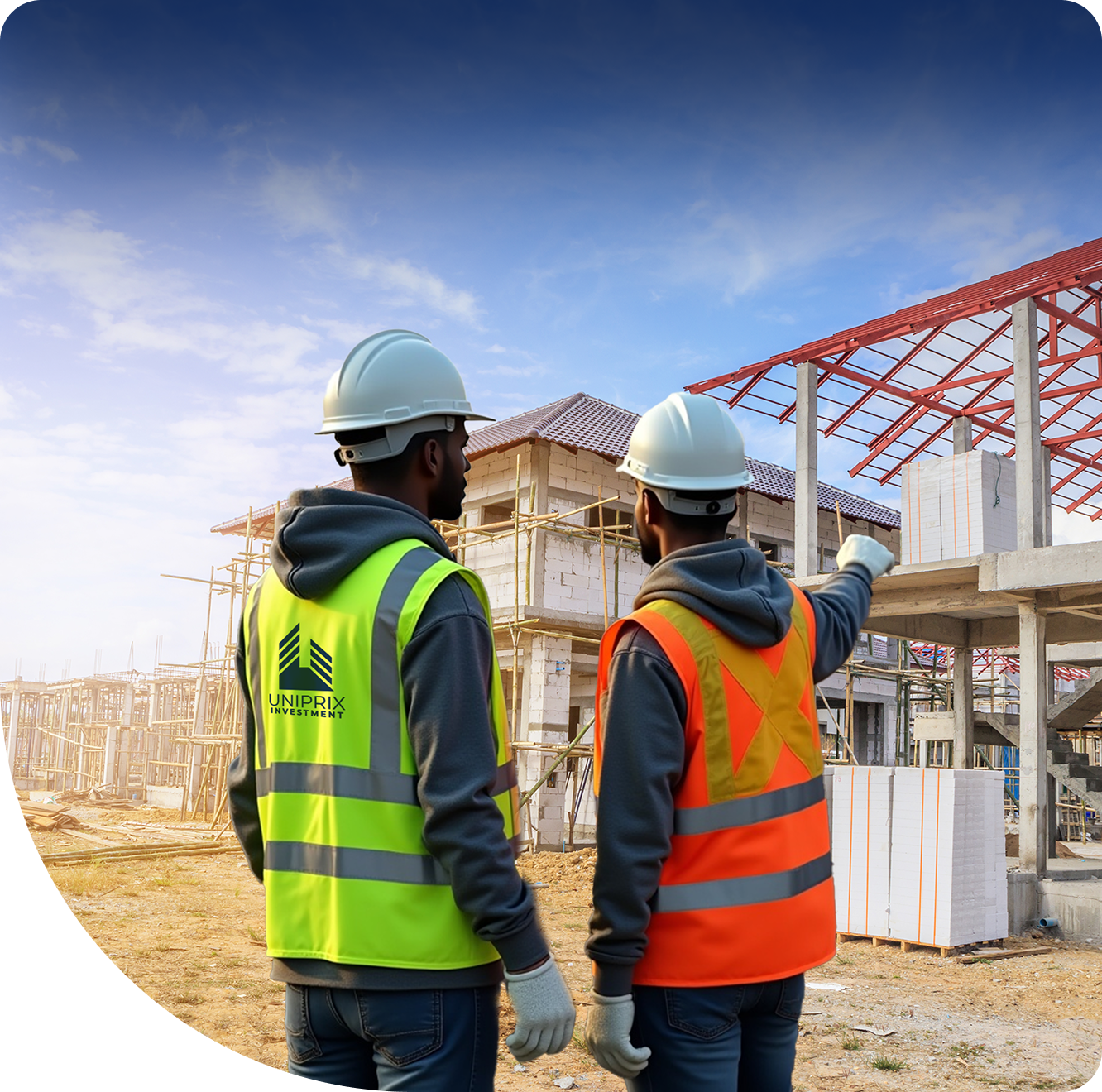 Two construction workers in safety vests reviewing a building site